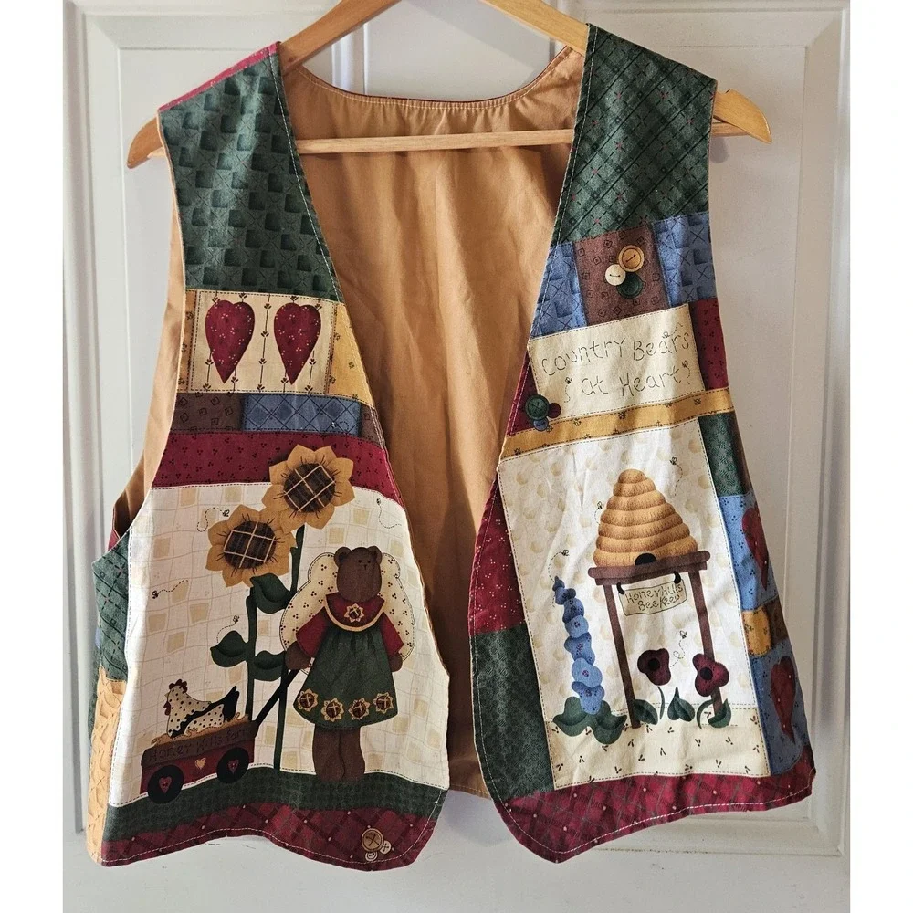 Handmade Country Bears at Heart Quilted Vest Womens L Patchwork Folk Art Cottage